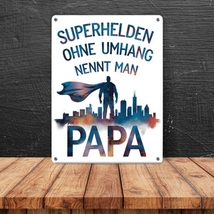 Superhelden Papa Umhang Metallschild in 15x20 cm