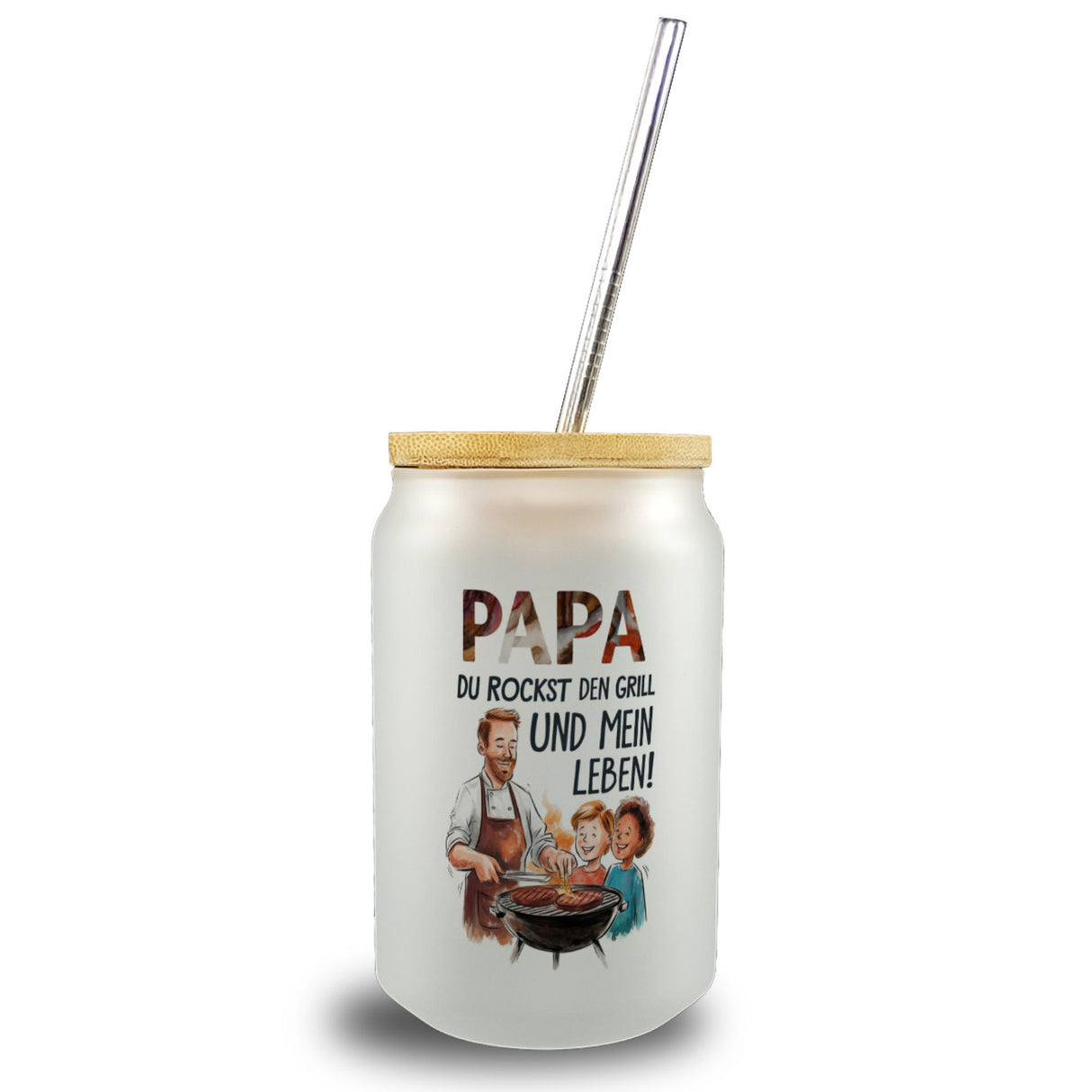 Grillender Vater Papa rockt Trinkglas mit Bambusdeckel
