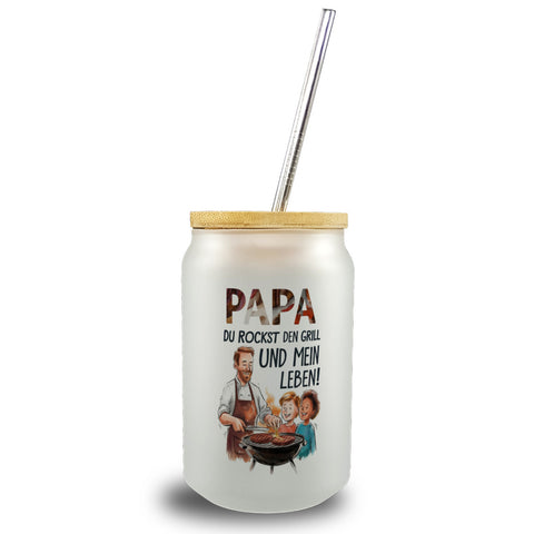 Grillender Vater Papa rockt Trinkglas mit Bambusdeckel