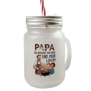 Grillender Vater Papa rockt Trinkglas mit Bambusdeckel