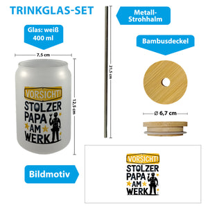 Vorsicht! Stolzer Papa am Werk Trinkglas mit Bambusdeckel