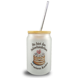 Du bist das Sahnehäubchen Trinkglas mit Bambusdeckel Kuchen mit Sahnehäubchen