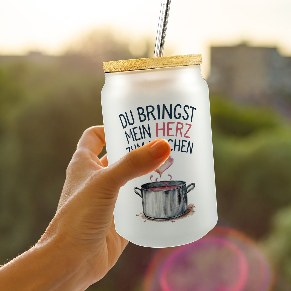 Du bringst mein Herz zum Kochen Trinkglas mit Bambusdeckel