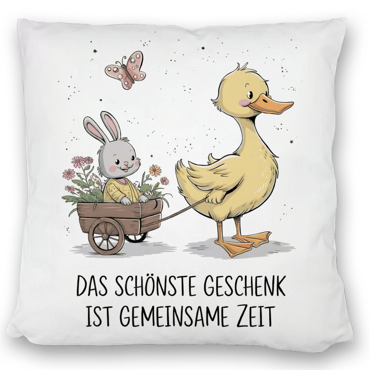 Schöne gemeinsame Zeit Kissen Ente Kaninchen Blütenwagen