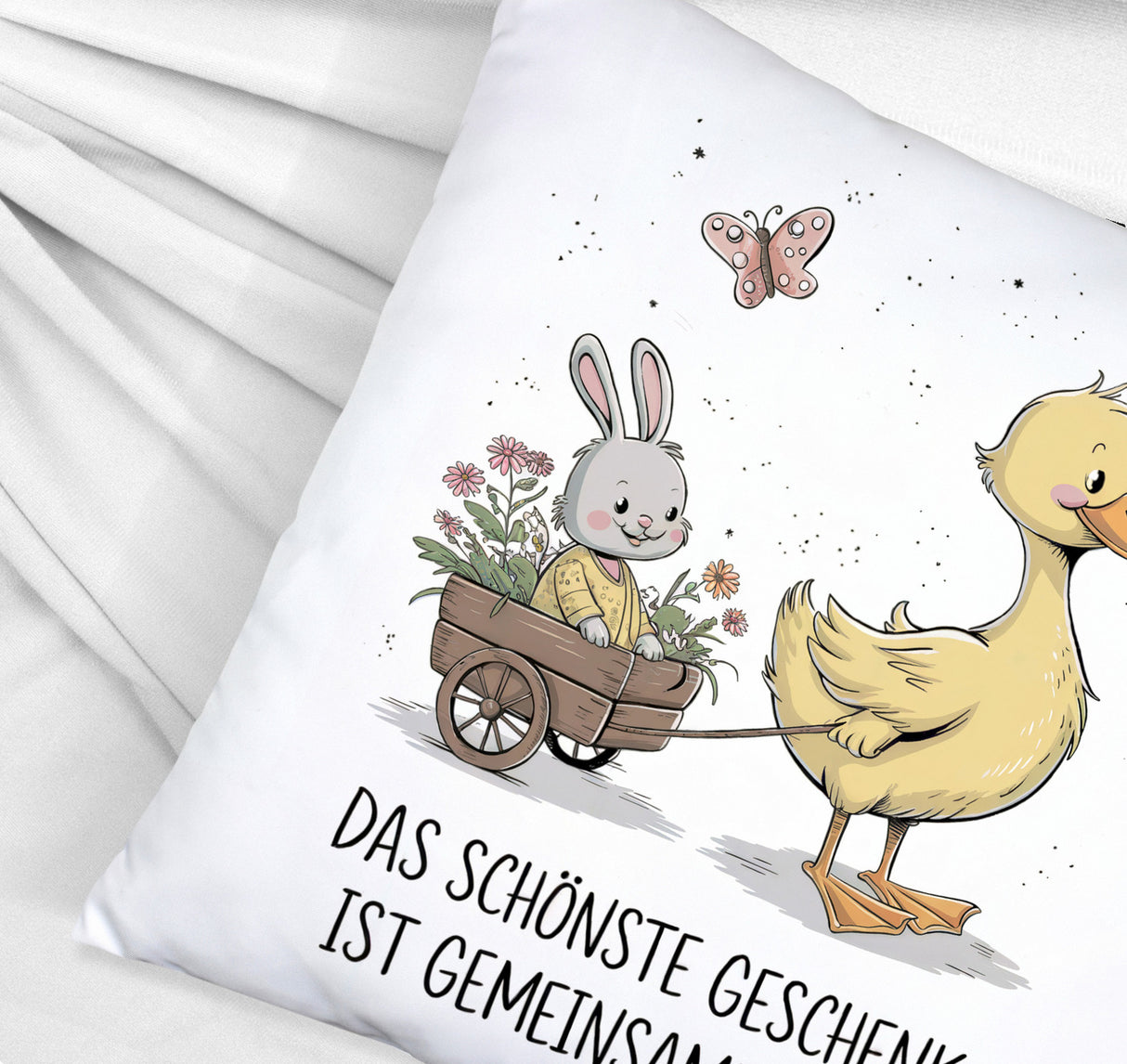 Schöne gemeinsame Zeit Kissen Ente Kaninchen Blütenwagen