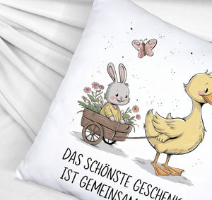 Schöne gemeinsame Zeit Kissen Ente Kaninchen Blütenwagen