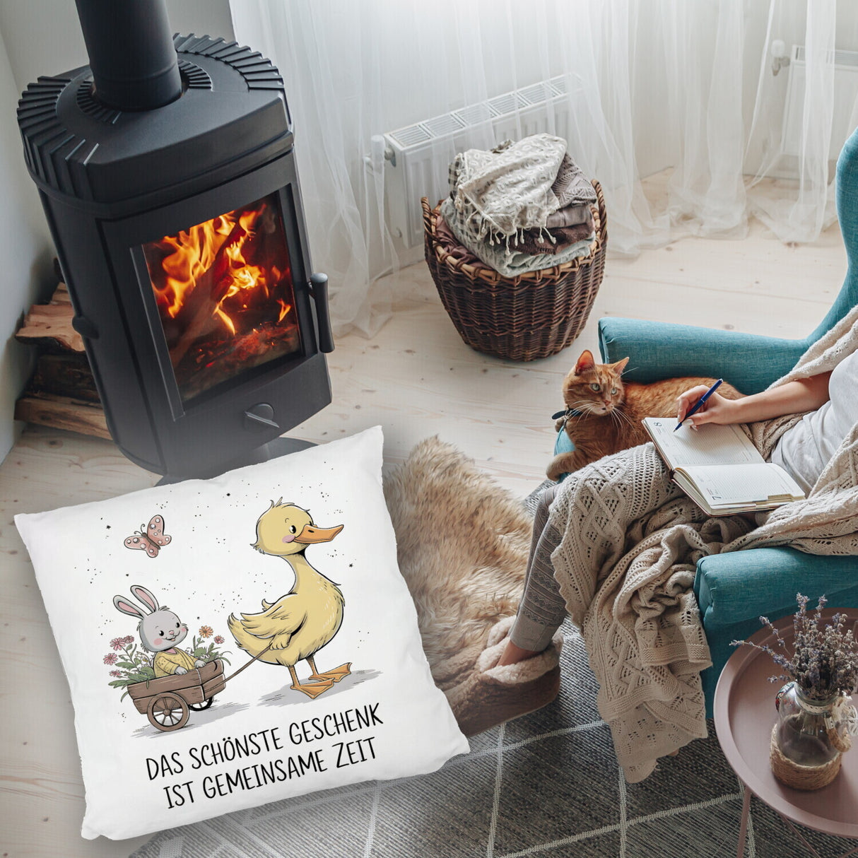 Schöne gemeinsame Zeit Kissen Ente Kaninchen Blütenwagen