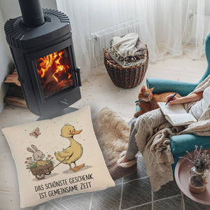 Schöne gemeinsame Zeit Kissen Ente Kaninchen Blütenwagen