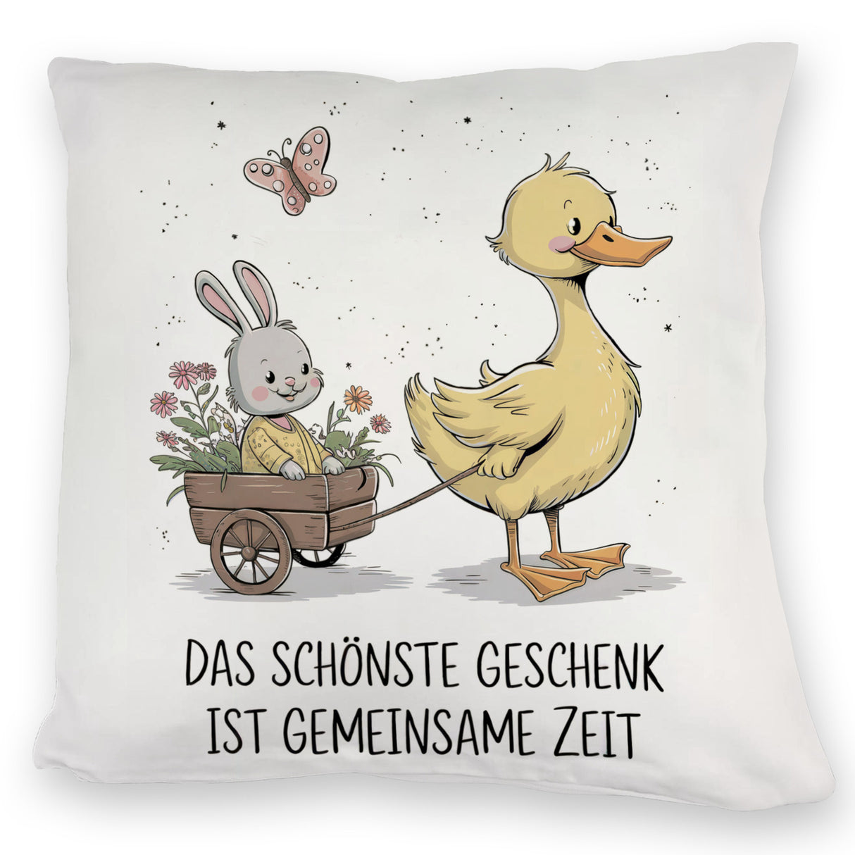 Schöne gemeinsame Zeit Kissen Ente Kaninchen Blütenwagen