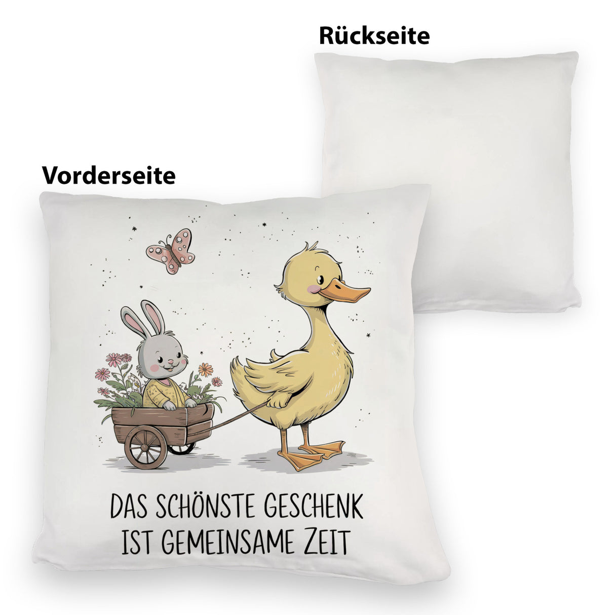 Schöne gemeinsame Zeit Kissen Ente Kaninchen Blütenwagen