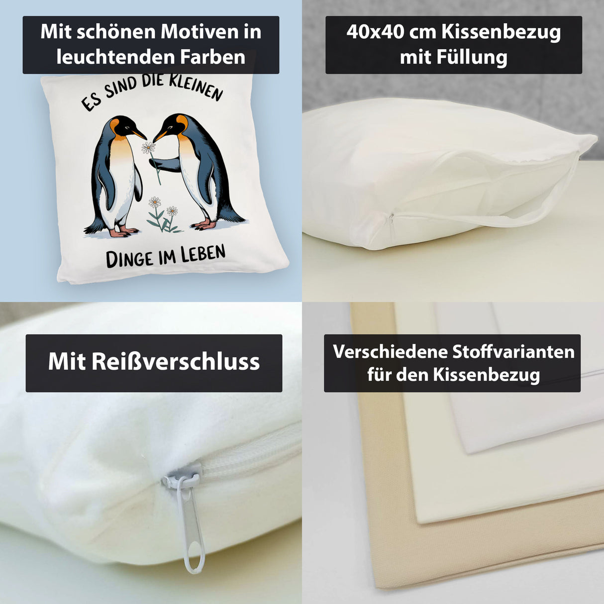 Pinguine mit Blumen - Es sind die Kleinen Dinge Kissen