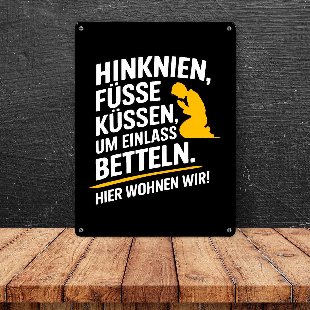 Hinknien und um Einlass betteln Metallschild in 15x20 cm mit betender Person