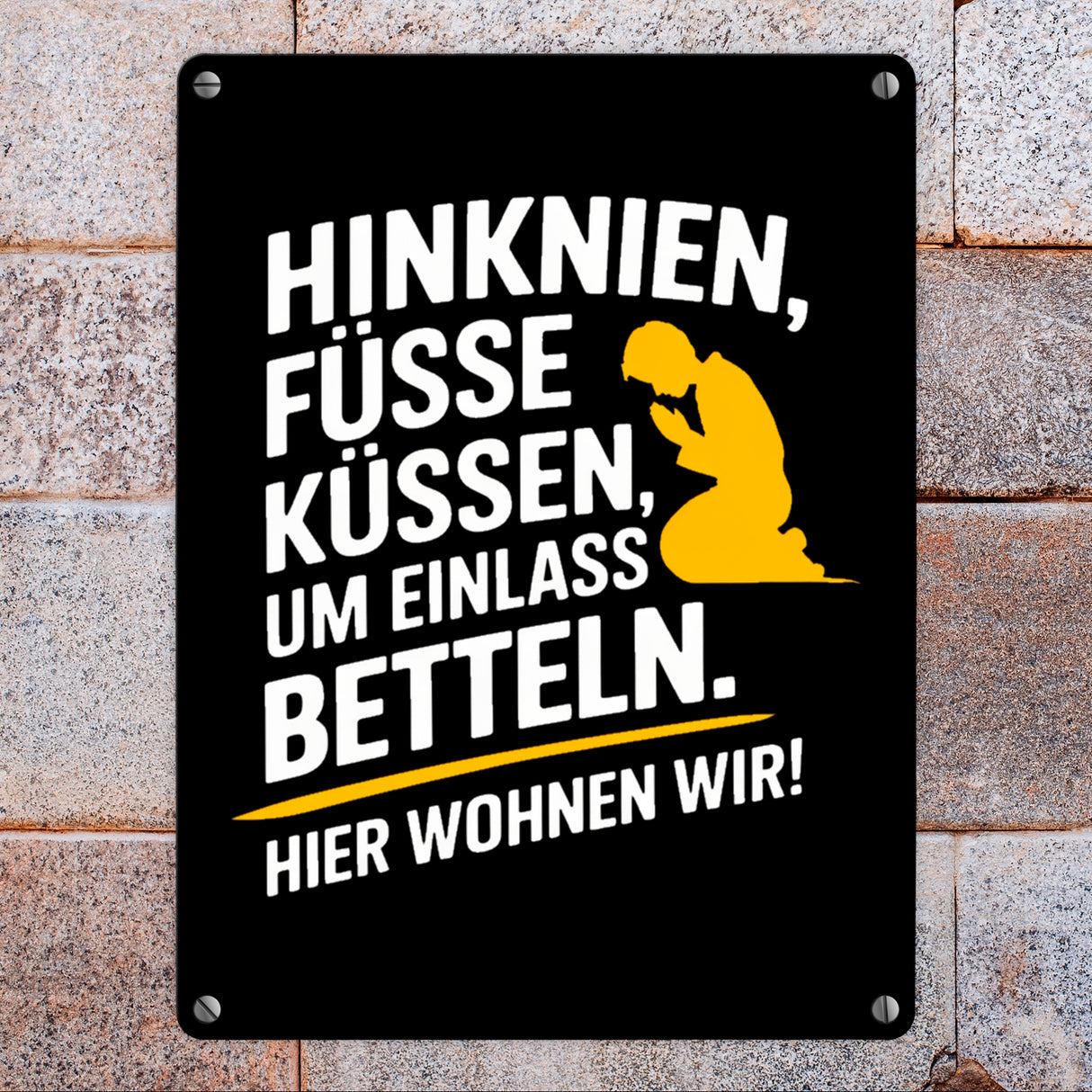 Hinknien und um Einlass betteln Metallschild in 15x20 cm mit betender Person