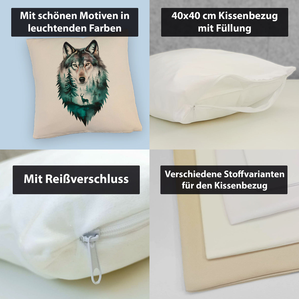 Naturfreunde Kissen Wolf Wald Hirsch Design