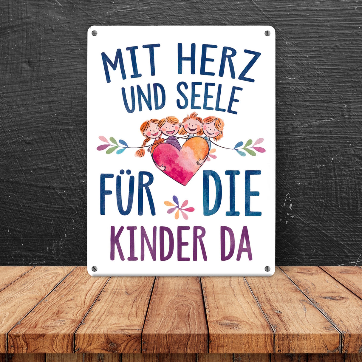 Mit Herz für Kinder da Metallschild in 15x20 cm Herz Umarmt Kinder