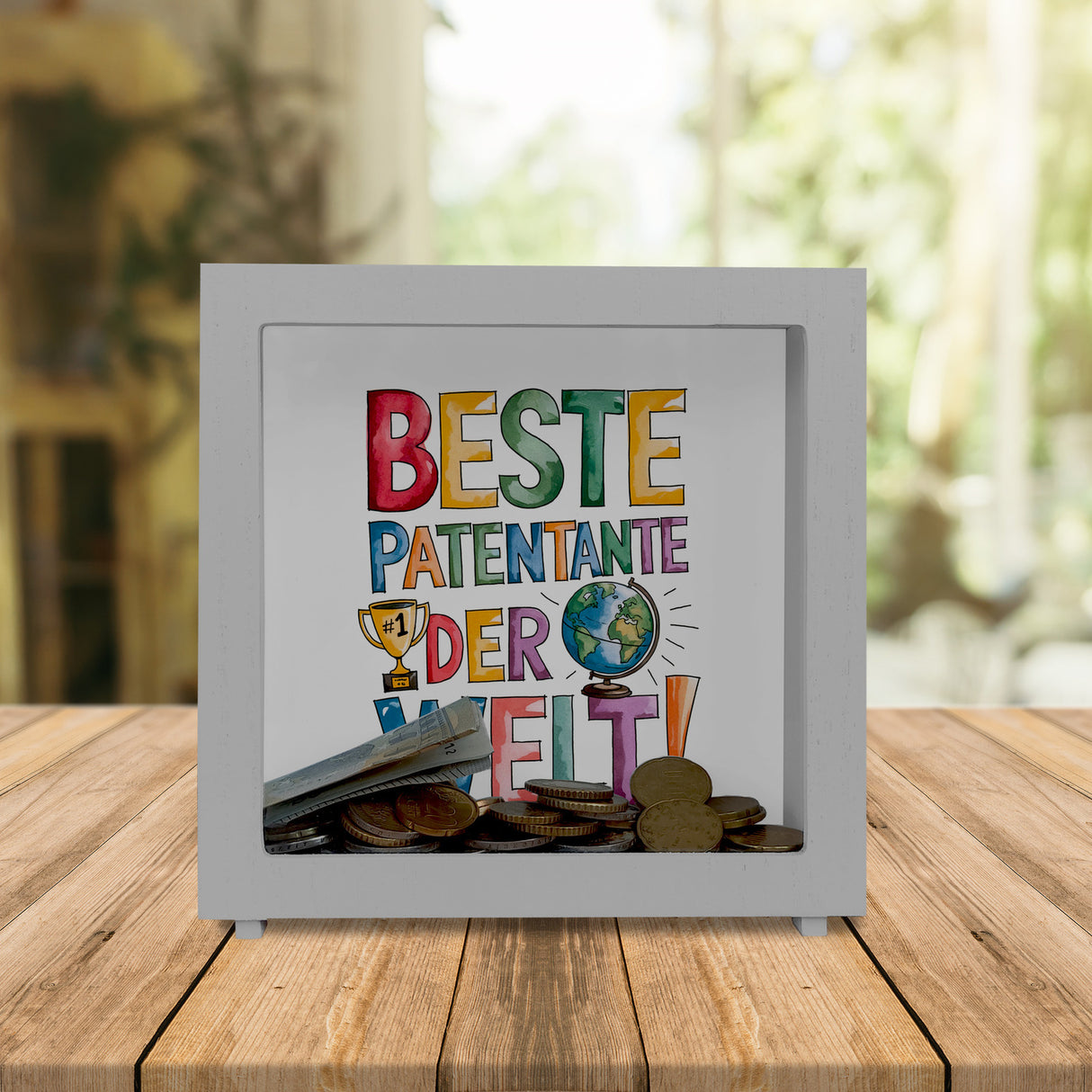 Beste Patentante der Welt Spardose goldener Pokal Globus