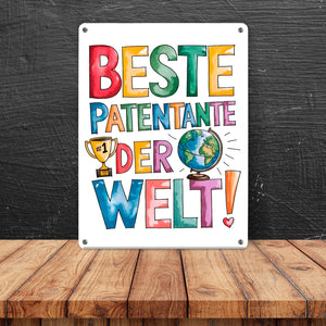Beste Patentante der Welt Metallschild in 15x20 cm goldener Pokal Globus