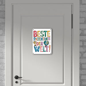Beste Patentante der Welt Metallschild in 15x20 cm goldener Pokal Globus