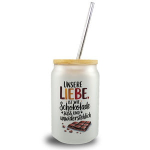 Liebe ist wie Schokolade Trinkglas mit Bambusdeckel Schokoladentafel