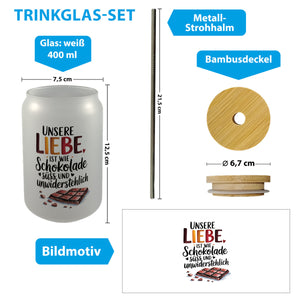 Liebe ist wie Schokolade Trinkglas mit Bambusdeckel Schokoladentafel