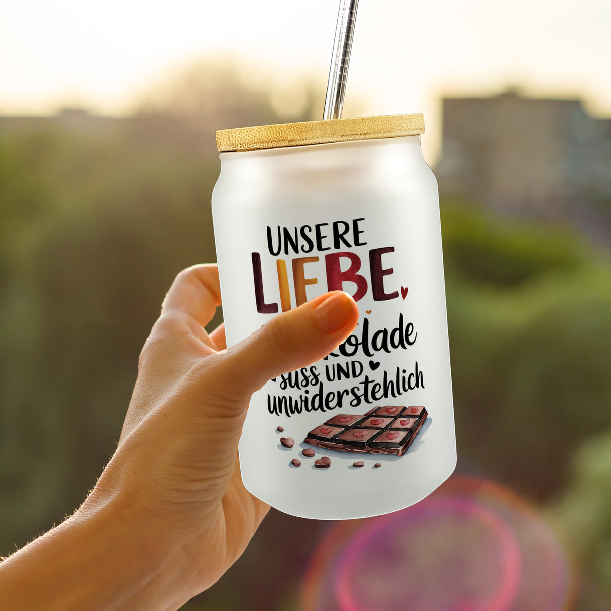 Liebe ist wie Schokolade Trinkglas mit Bambusdeckel Schokoladentafel