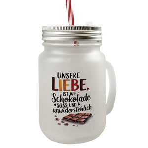 Liebe ist wie Schokolade Trinkglas mit Bambusdeckel Schokoladentafel