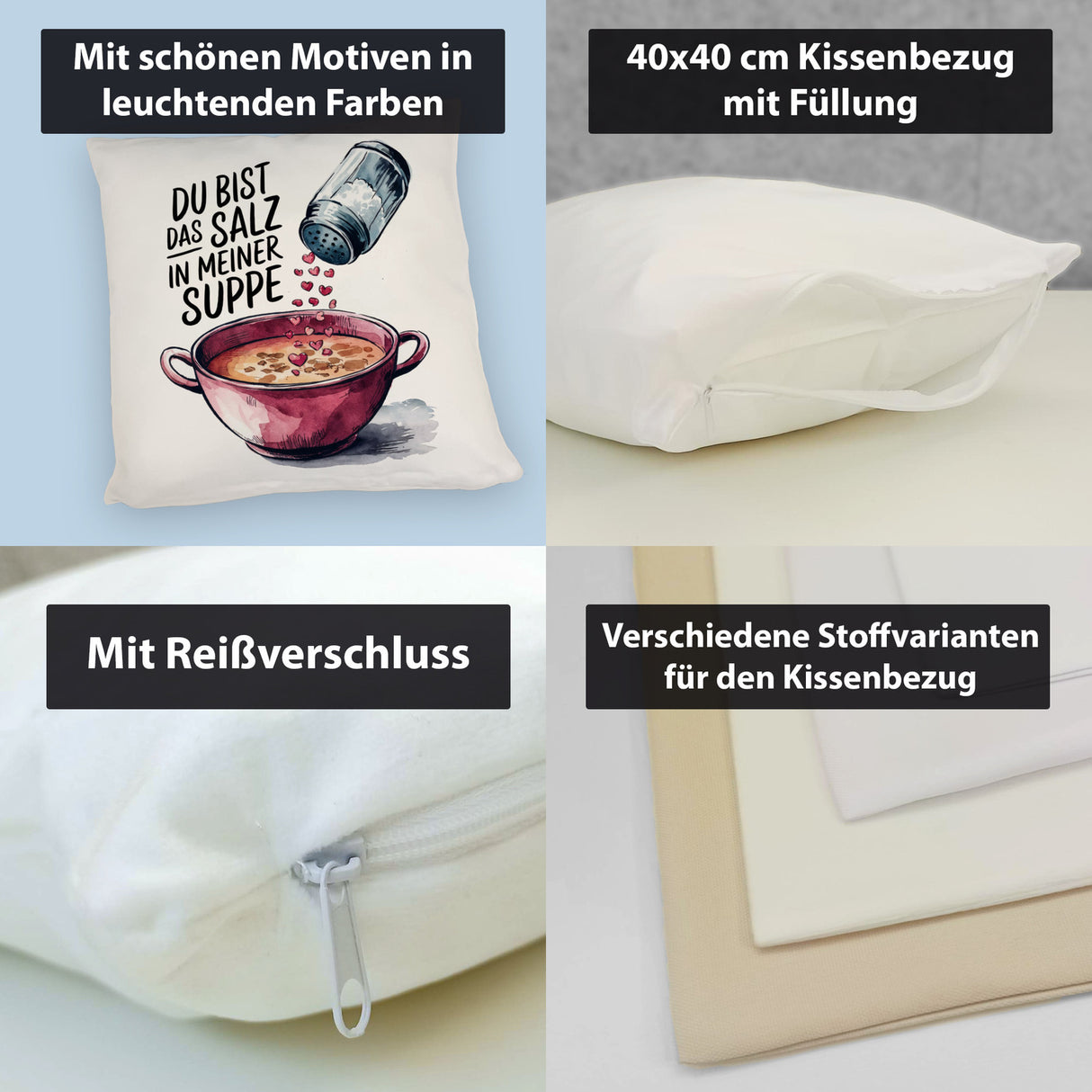 Du bist das Salz Kissen Salzstreuer und Suppe