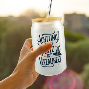 Zaubererhut Achtung Platz verzaubert Trinkglas mit Bambusdeckel