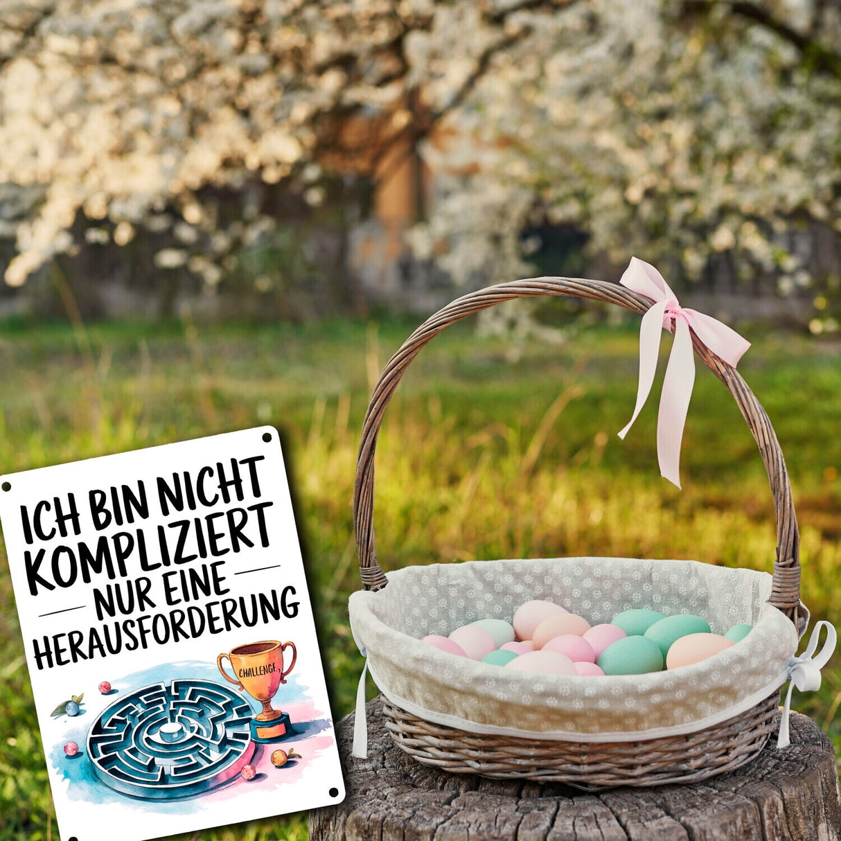 Herausforderung, nicht kompliziert Metallschild in 15x20 cm Pokal