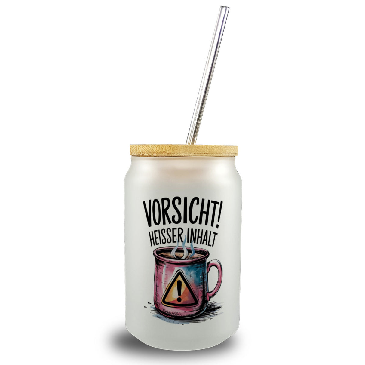 Dampfende Tasse Vorsicht Heißer Inhalt Trinkglas mit Bambusdeckel