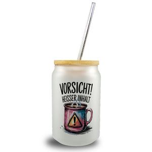 Dampfende Tasse Vorsicht Heißer Inhalt Trinkglas mit Bambusdeckel