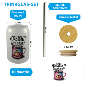 Dampfende Tasse Vorsicht Heißer Inhalt Trinkglas mit Bambusdeckel