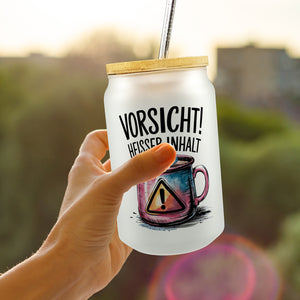 Dampfende Tasse Vorsicht Heißer Inhalt Trinkglas mit Bambusdeckel