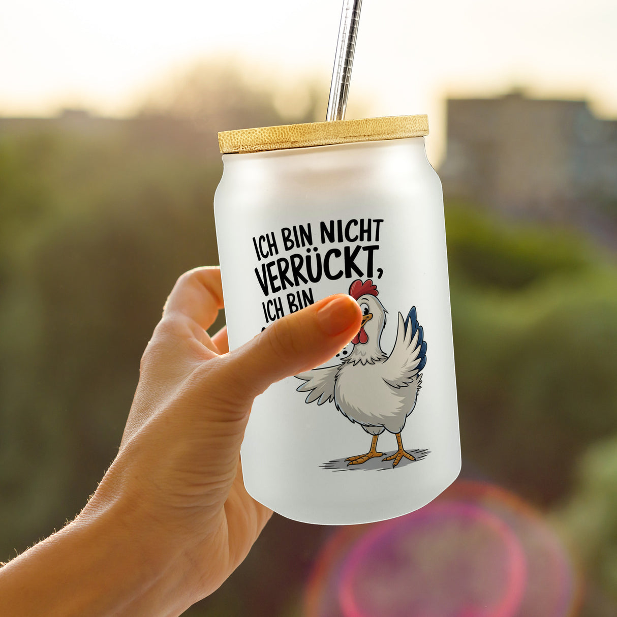 Fröhliches Huhn Gackernd Glücklich Trinkglas mit Bambusdeckel