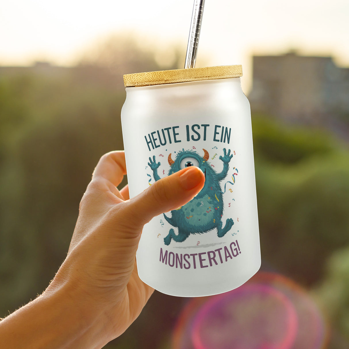 Heute ist ein Monstertag! Trinkglas mit Bambusdeckel