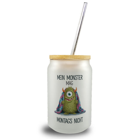 Grünes Monster mit Decke Montagsmuffel Trinkglas mit Bambusdeckel