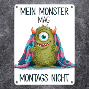 Grünes Monster mit Decke Montagsmuffel Metallschild in 15x20 cm