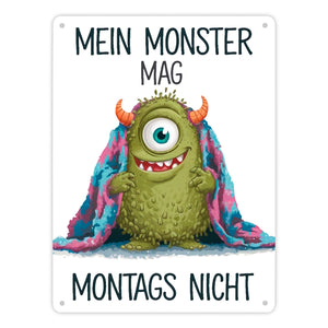 Grünes Monster mit Decke Montagsmuffel Metallschild in 15x20 cm