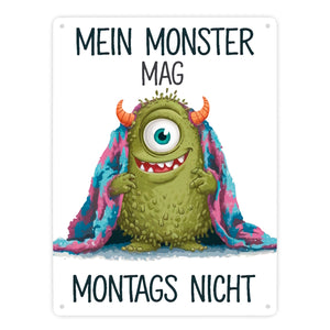 Grünes Monster mit Decke Montagsmuffel Metallschild in 15x20 cm
