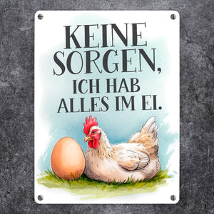 Keine sorge, alles im Ei Metallschild in 15x20 cm Huhn und Ei