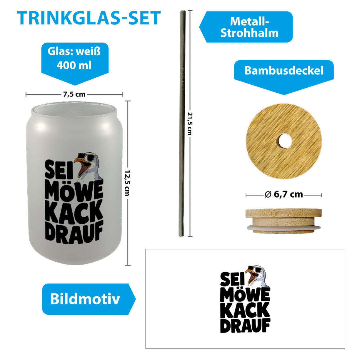 Möwe Sonnenbrille kack drauf Trinkglas mit Bambusdeckel für Möwenfans