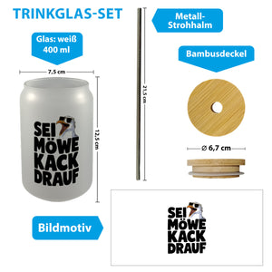 Möwe Sonnenbrille kack drauf Trinkglas mit Bambusdeckel für Möwenfans