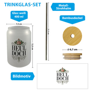 Heul doch Rose Trinkglas mit Bambusdeckel Rosendekor
