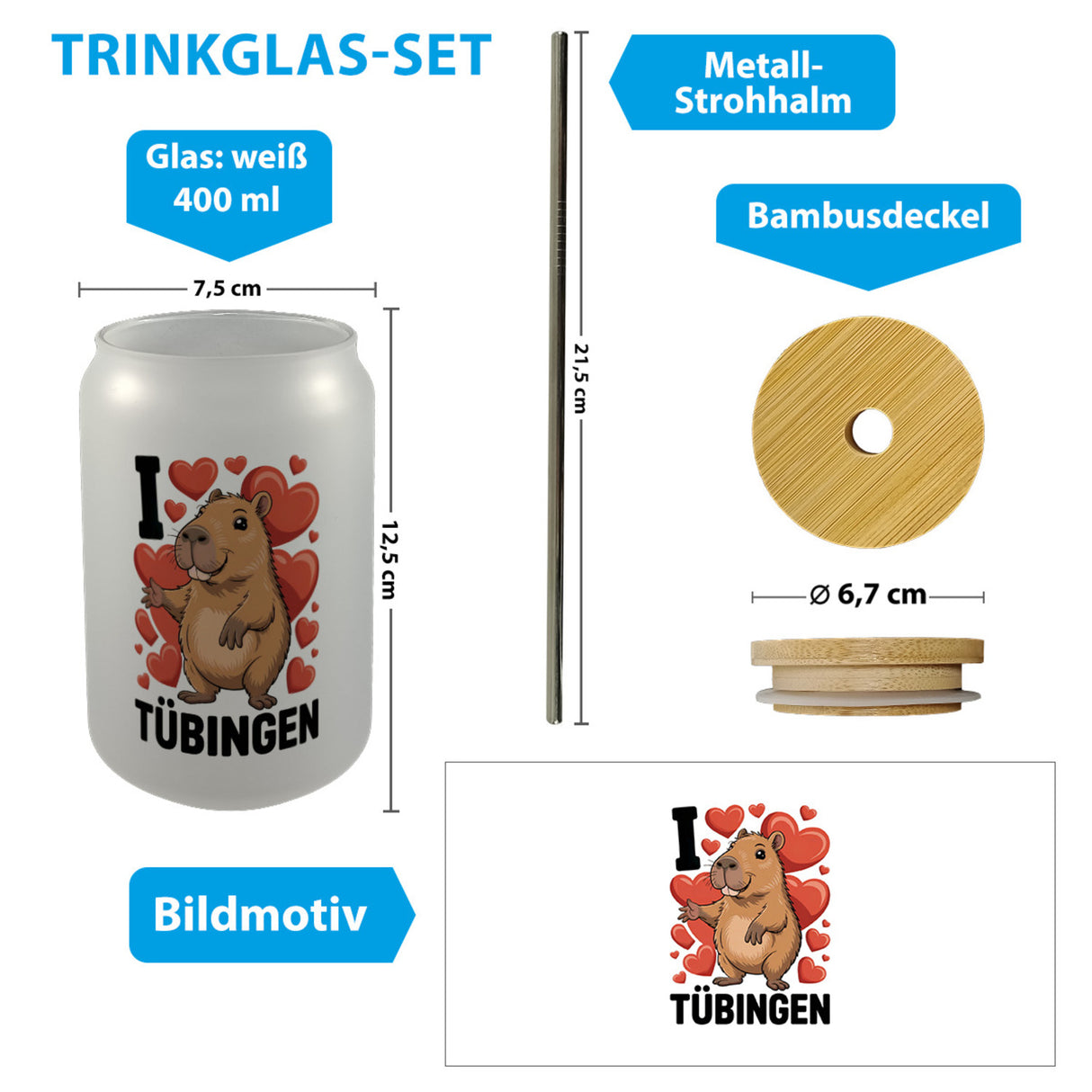 I love Tübingen Capybara Trinkglas mit Bambusdeckel