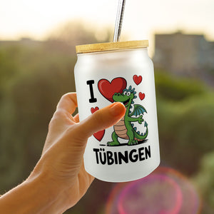 I Love Tübingen grüner Drache Trinkglas mit Bambusdeckel