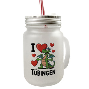 I Love Tübingen grüner Drache Trinkglas mit Bambusdeckel
