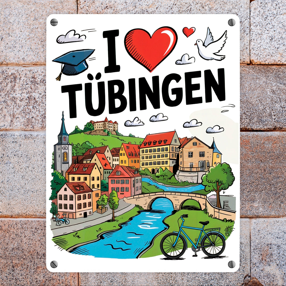 I love Tübingen Metallschild in 15x20 cm mit Sehenswürdigkeiten