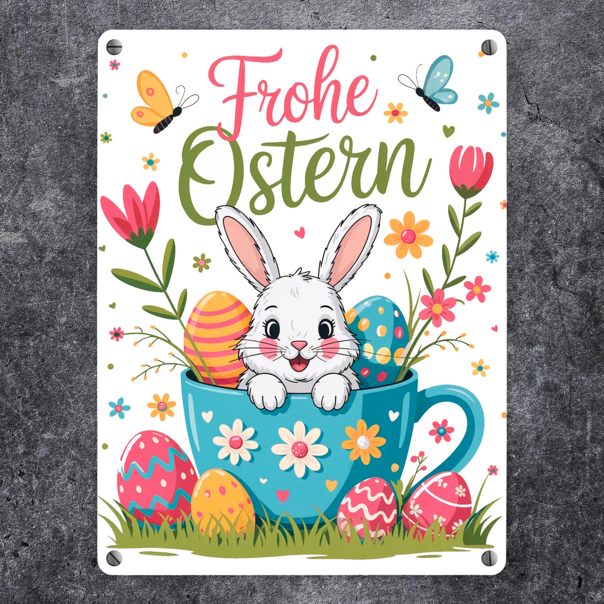 Frohe Ostern Metallschild in 15x20 cm mit Hase