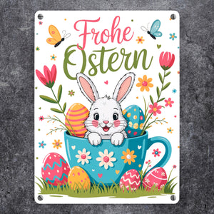 Frohe Ostern Metallschild in 15x20 cm mit Hase