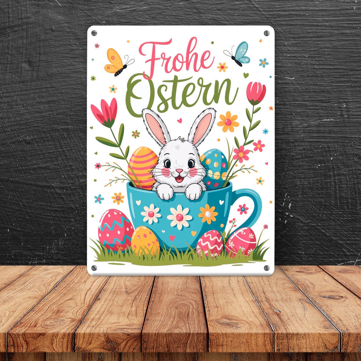 Frohe Ostern Metallschild in 15x20 cm mit Hase